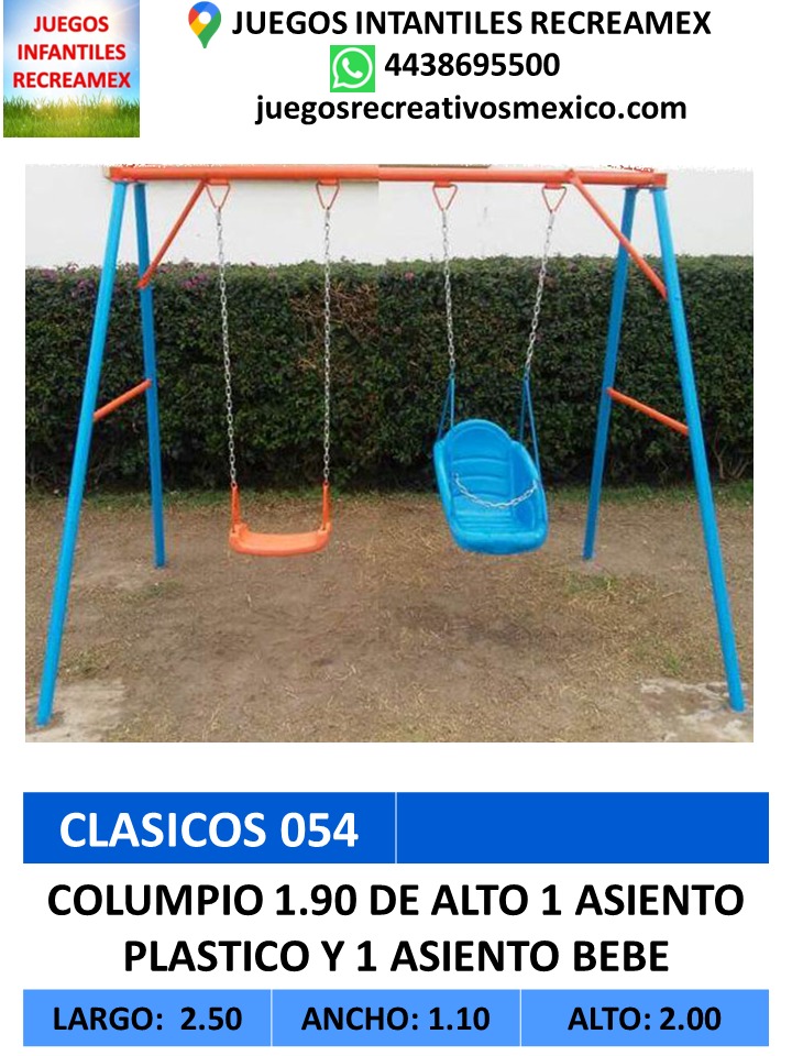 columpio 1.90 de alto, 1 asiento de plastico y 1 asiento de bebe